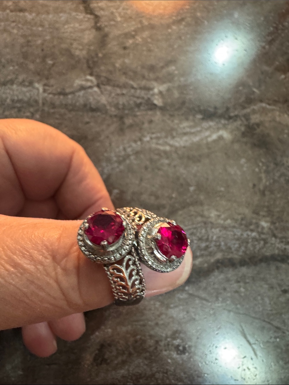 Elegant Silver Ring with Deep Pink Gemstones